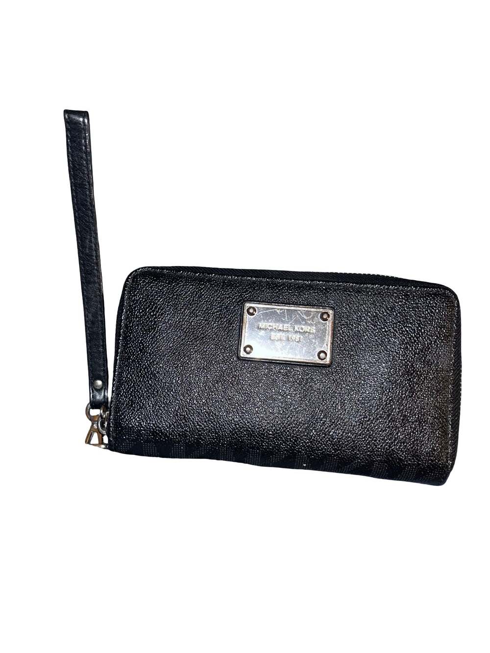 Michael Kors Black Saffiano Leather Logo Plate Zip Around Wristlet Wallet